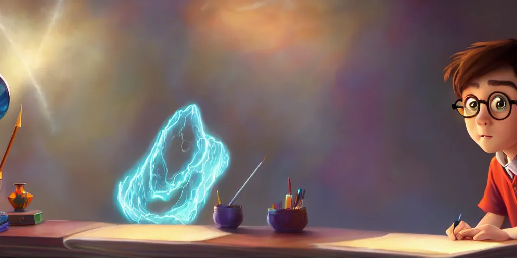 Image similar to a young boy wizard with brown hair and is standing at his desk working on a new spell that is casting out flowing energy, colorful, flowing energy, light rays, consistent face, medium shot, waist up, pixar and disney animation, sharp, concept art, highly detailed, trending on artstation, bloom, dramatic lighting, cinematic