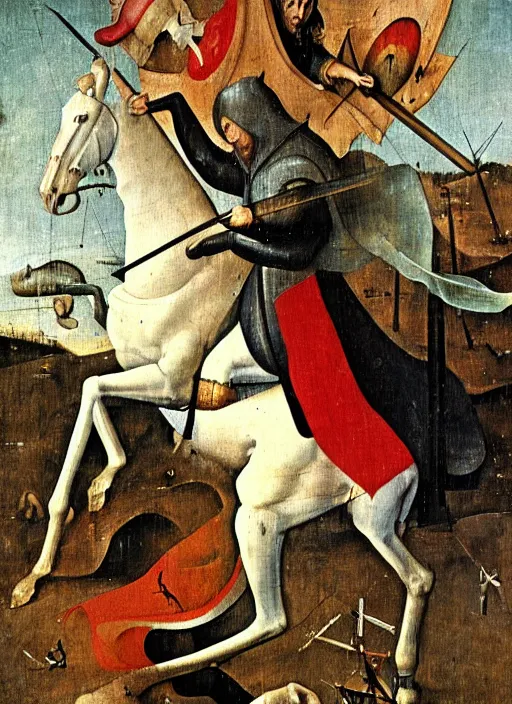 Prompt: st george and the dragon painted by hieronymus bosch, detailed digital art, trending on Artstation