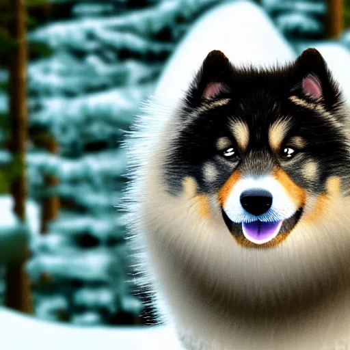 Image similar to happy finnish lapphund dog, black brown white fur, snow, trees, stream of water, pixar, disney, 4 k, animation