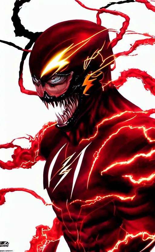 Prompt: portrait of venom as the flash, black and red, dynamic lighting, cinematic, ultra detailed, trending on art station, stunning visuals, creative, fantasy concept art