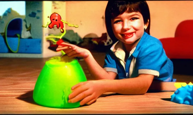 Image similar to kid playing with slime monster, realistic, toy commercial photo, highly detailed, photo from the 80s