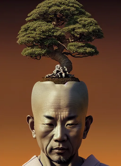 Prompt: shinto monk with a bonsai growing out of his head, intricate, rim light, octane render, by tomasz alen kopera, cgsociety and fenghua zhong, highly detailed, art, cinematic lighting, very coherent, hyper realism, high detail, 8 k