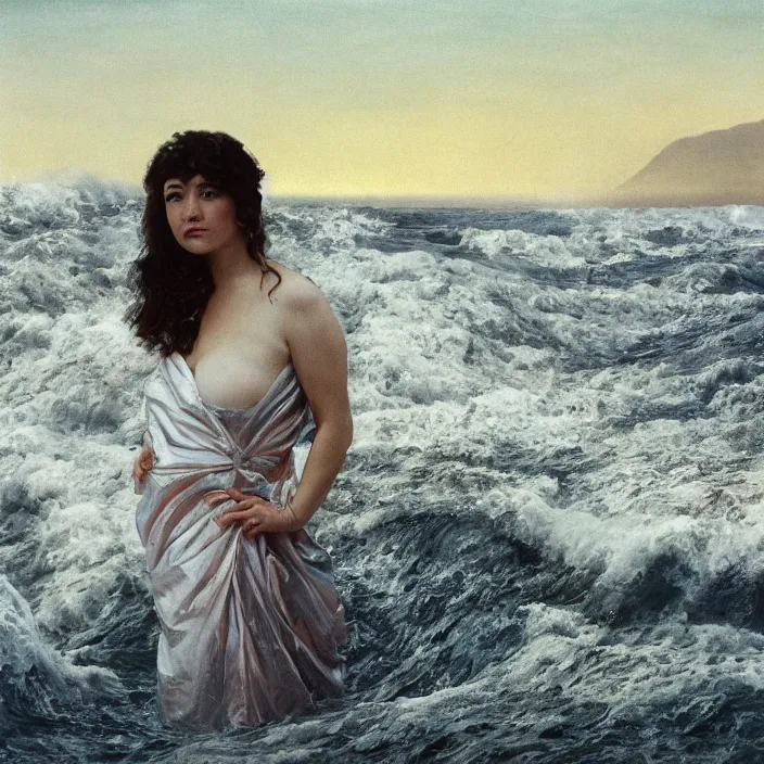 Prompt: a closeup portrait of a woman wearing wrapped in plastic, standing in front of a giant tsunami wave, color photograph, by vincent desiderio, canon eos c 3 0 0, ƒ 1. 8, 3 5 mm, 8 k, medium - format print