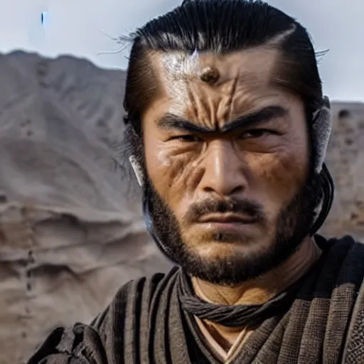 Image similar to handsome and strong! kurdish! samurai in a movie directed by christopher nolan, movie still frame, promotional image, imax 7 0 mm footage, perfect symmetrical facial features