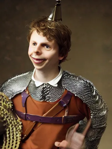 Prompt: a portrait photo of Michael Cera as a wimpy squire, chainmail