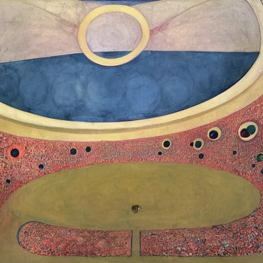 Prompt: doom by hilma af klint sepia. a mixed mediart of a landscape. it is a stylized & colorful view of an idyllic, dreamlike world with rolling hills, peaceful animals, & a flowing river. the scene looks like it could be from another planet, or perhaps a fairy tale.