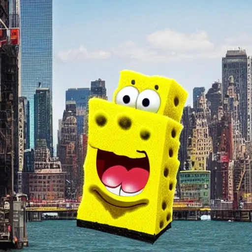 Prompt: a real life Sponge Bob destroying New York City