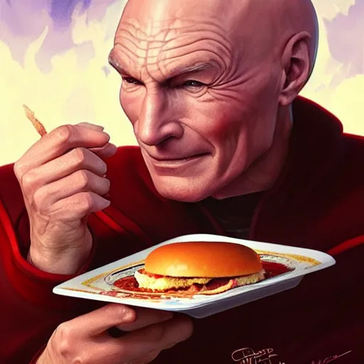 Image similar to Captain Picard eating big macs, dripping BBQ Sauce, serving happy meals, D&D, spilling ketchup, fantasy, intricate, elegant, highly detailed, digital painting, artstation, concept art, matte, sharp focus, illustration, hearthstone, art by Artgerm and Greg Rutkowski and Alphonse Mucha