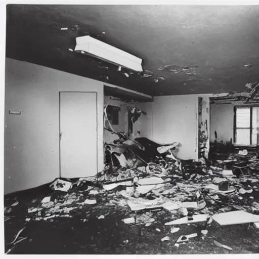 Image similar to The conceptual art shows a scene of total destruction. A room has been completely wrecked, with furniture overturned, belongings strewn about, and debris everywhere. The only thing left intact is a single photograph on the wall. This photograph is the only evidence of what the room once looked like. It shows a tidy, well-appointed space, with everything in its place. The contrast between the two images is stark, and it is clear that the destruction was complete and absolute. camouflage by Martin Deschambault imposing