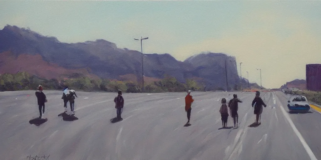 Image similar to People strolling along the highway, Martin Handford painting style.