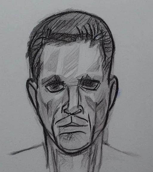 Prompt: weird crime suspect sketch of a man, poorly drawn crude police sketch of a wanted person john doe