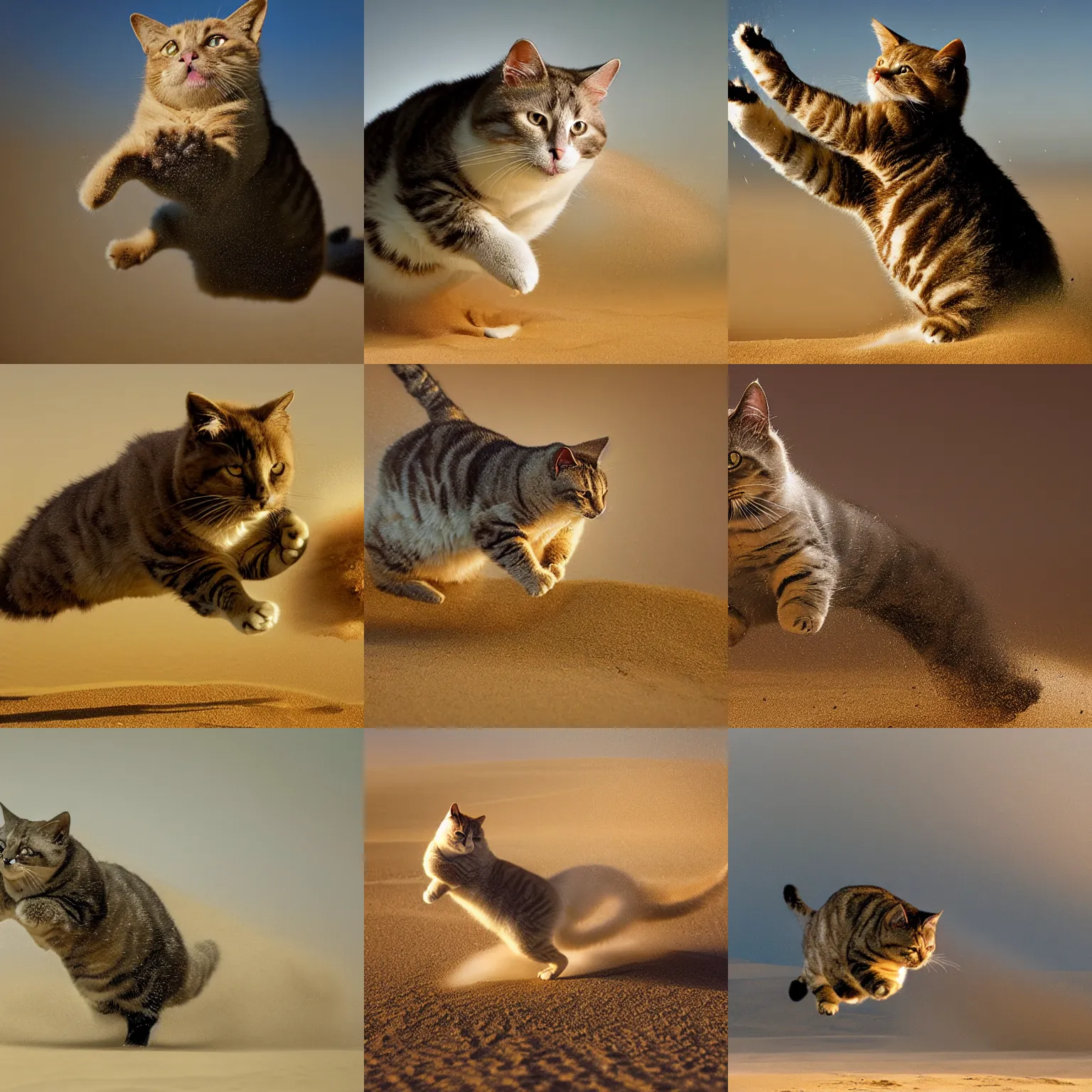Prompt: award winning wildlife photography, a fat house cat, midair, launching towards the camera at high speed, jet propulsion cat, straight shot, high shutter speed, dust and sand in the air, wildlife photography by Paul Nicklen, shot by Joel Sartore, Skye Meaker, national geographic, perfect lighting, blurry background, bokeh