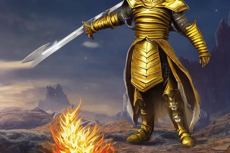 Image similar to an ultra detailed picture of saladin as a funko pop, wearing bright gold armor and holding huge flaming longsword blessed by god, epic anime fantasy, 8 k, volumetric lighting, smooth, highly detailed, digital illustration, art by kentaro miura and akira toriyama and albert bierstadt and greg rutkowsi, artstation