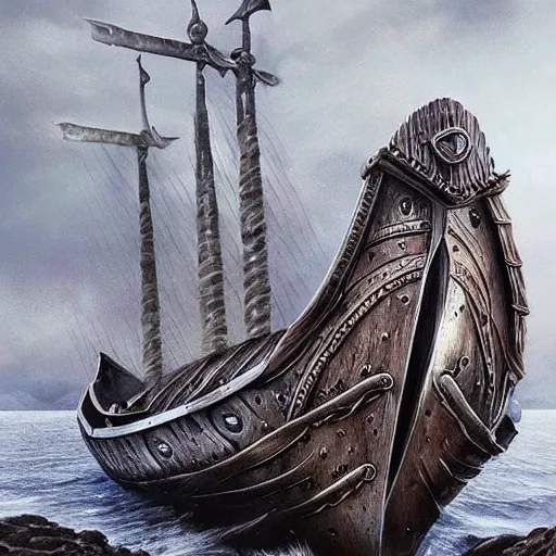 Prompt: fantasy art hyper realistic ai created interesting bizarre viking boat fantastic art award winning best ultra detailed magnificent