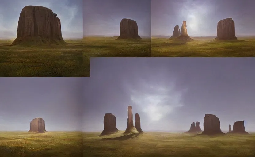 Image similar to hyperrealist painting of a cube inside a giant transparent bubble from howl's moving castle ( 2 0 0 4 ) in a flooded monument valley stonehenge jungle. 1 9 7 0 s science fiction, moody, misty, depth perception, 4 k, artstation, in the style of studio ghibli