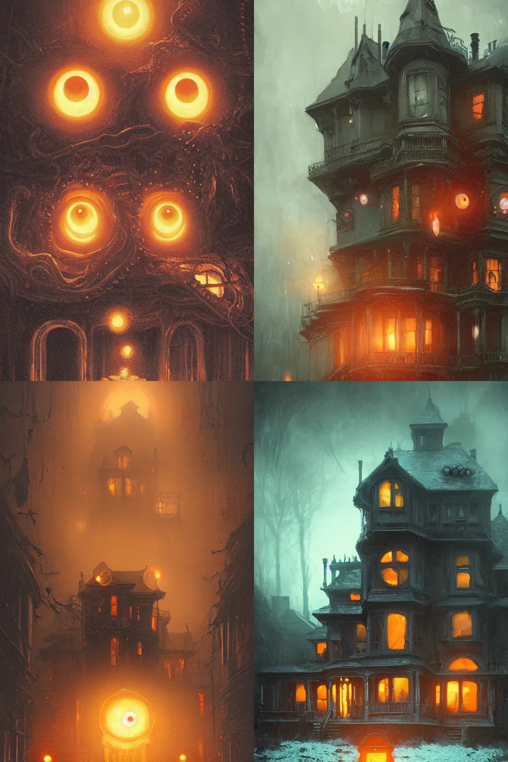 Prompt: A Victorian House with big orange eyeballs staring out from the windows, Lovecraftian, 4k, masterpiece, cinematic, glowing, by Greg Rutkowski, Trending on Artstation, Behance. Polished. Eldritch. Eyeballs. Tentacles. Organic.