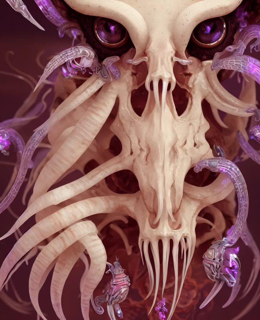 Image similar to goddess close-up portrait ram skull. eyes. jellyfish phoenix head, nautilus, orchid, skull, betta fish, bioluminiscent creatures, intricate artwork by Tooth Wu and wlop and beeple. octane render, trending on artstation, greg rutkowski very coherent symmetrical artwork. cinematic, hyper realism, high detail, octane render, 8k