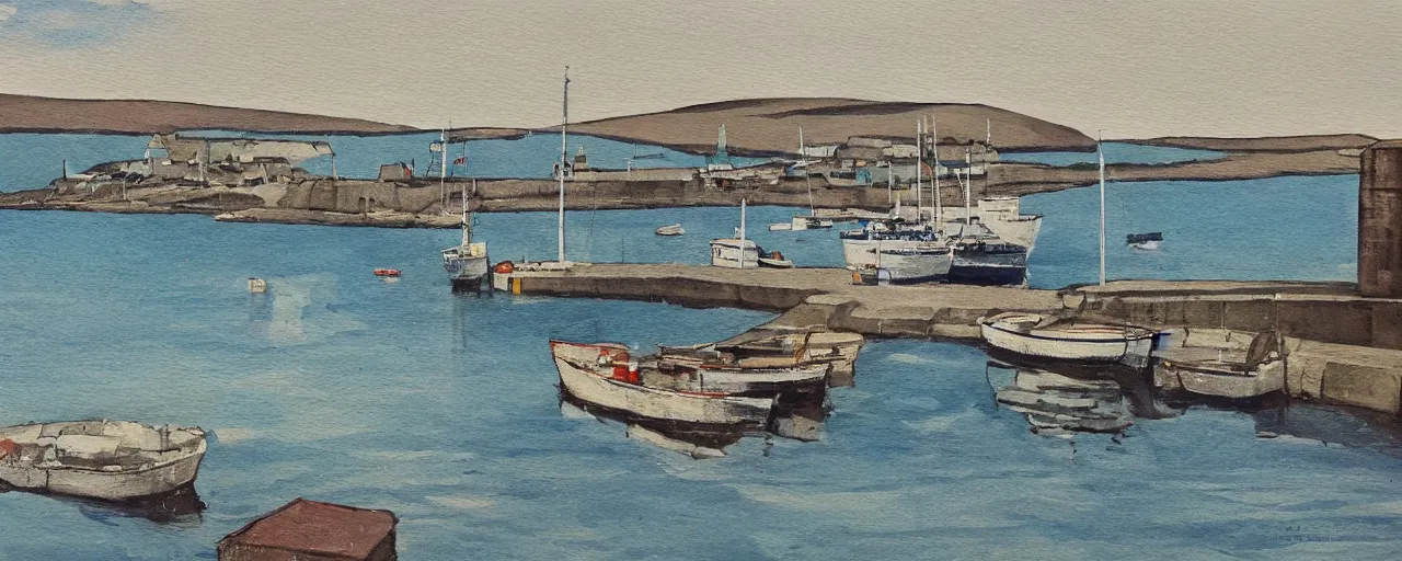 Prompt: a painting of the harbour at Stromness orkney, tranquil, relaxed, quiet, ethereal