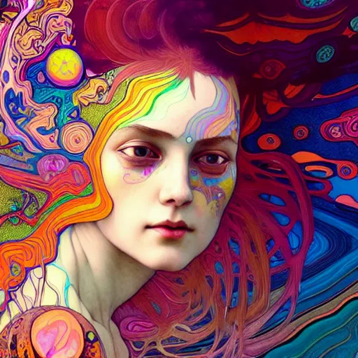 Image similar to A girl having an extremely colorful psychedelic experience, warping time and space, magic mushrooms, psilocybin, LSD, face, detailed, intricate, elegant, highly detailed, digital painting, artstation, concept art, smooth, sharp focus, illustration, art by Krenz Cushart and Artem Demura and alphonse mucha