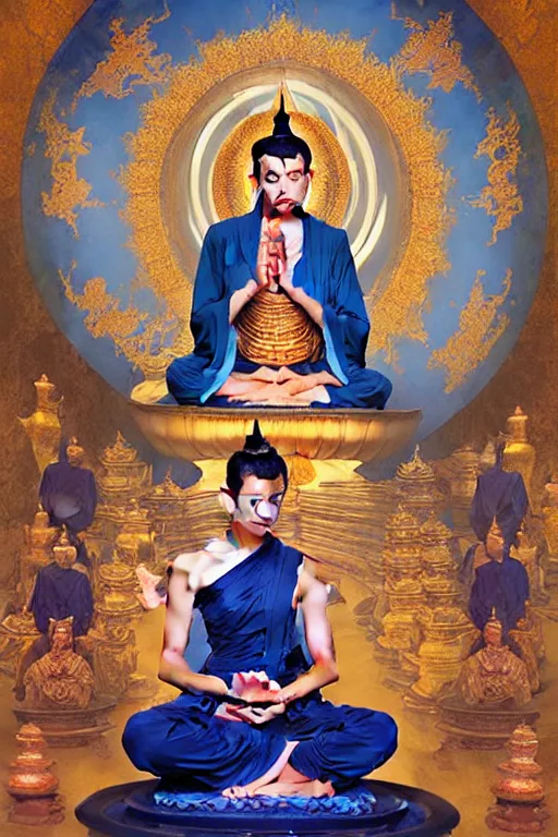 Image similar to buddhism, temple, blue clothes, painting by greg rutkowski, j. c. leyendecker, artgerm