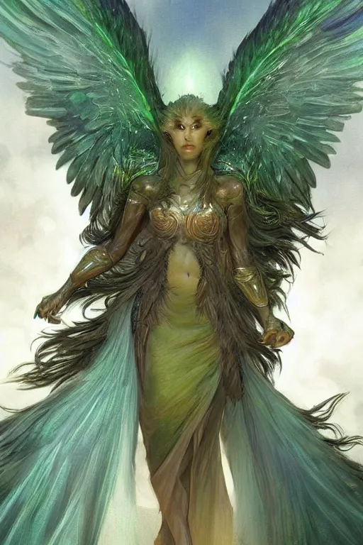 Image similar to a beautiful upper body shot from a fantasy film of a humanoid iridescent green owlbear wearing a loose tunic. an anthropomorphic phoenix. fantasy, frown, intricate, elegant, highly detailed, digital painting, artstation, concept art, matte, sharp focus, illustration, art by artgerm and greg rutkowski and alphonse mucha