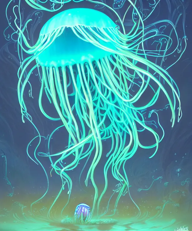 Prompt: a jellyfish creature made of bioluminescence, fantasy, elegant, crisp 8 k line work, emissive lighting, digital painting, artstation, unreal engine, octane render, concept art, matte, sharp focus, illustration, art by james jean and justin gerard and josan gonzalez