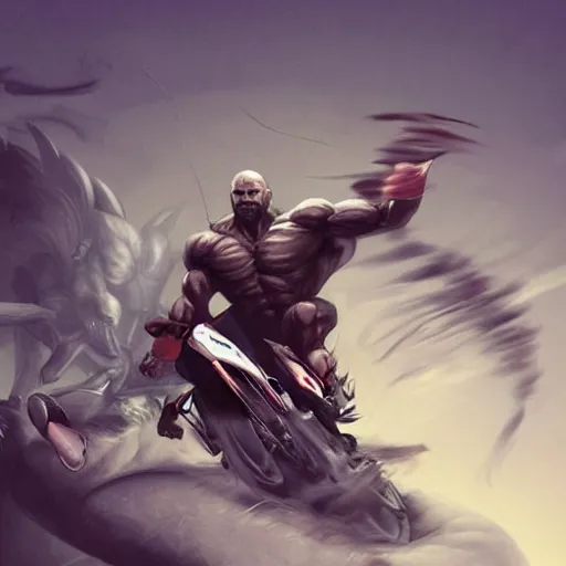 Image similar to muscular man riding jumping motorcycle through the air from demons, digital painting, muted colors, illustration, artgerm, artstation