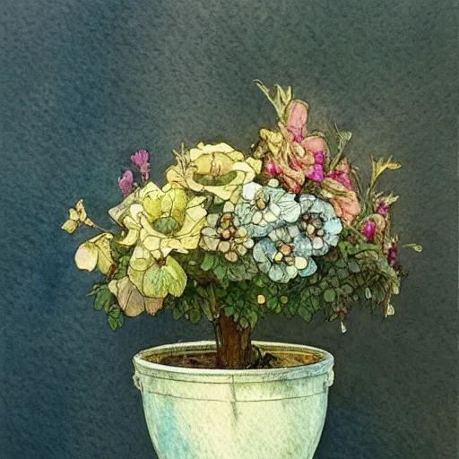 Prompt: a beautifull intricate watercolor painting of potted planter with flowers inside sitting on wet sidewalk, reflexions, high details by william turner art, greg rutkowski and alphonse mucha, trending on artstation, very very detailed, masterpiece,