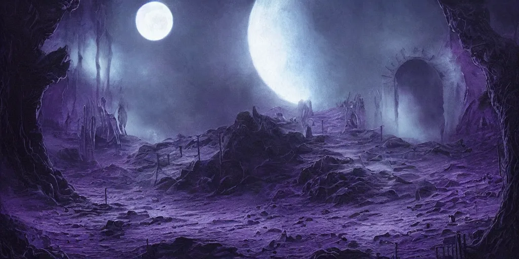 Image similar to hyper detailed beautiful painting of the gates to hell, midnight, moon light, volumetric lighting, dark, purple light, scary, sad, back lit