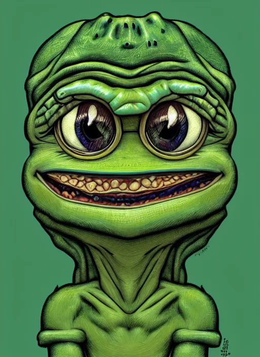 Image similar to pepe the frog by matt furie!!!, male, sad, depressed, portrait, intricat, highly detailed, digital painting, artstation, concept art, wallpaper, smooth, sharp focus, illustration, art by h. r. giger and artgerm and greg rutkowski and alphonse mucha