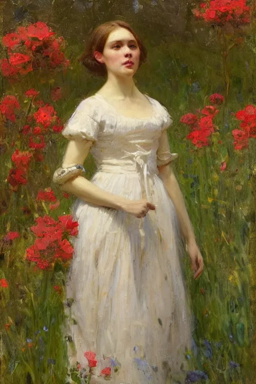 Image similar to Solomon Joseph Solomon and Richard Schmid and Jeremy Lipking victorian genre painting portrait painting of an elegant slim young cottagecore girl in an open field of flowers, red background