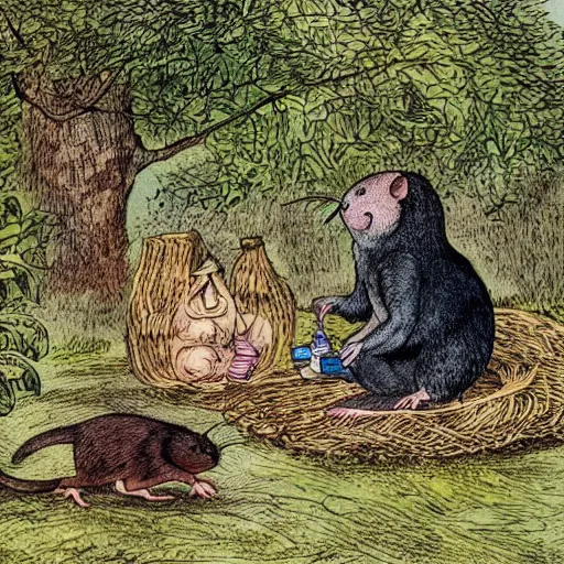 Prompt: “mole and water rat having a picnic under a tree on the river bank, coloured storybook illustration from wind in the willows, by sir John tenniel”