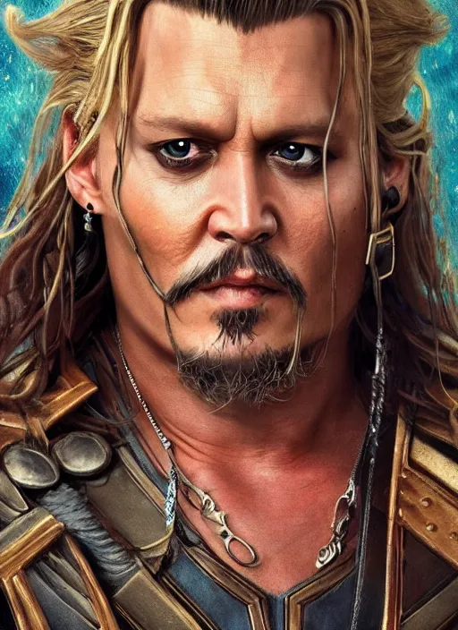 Image similar to johnny depp as thor, naturel, hyper detailed, digital art, trending in artstation, cinematic lighting, studio quality, smooth render, unreal engine 5 rendered, octane rendered, art style by klimt and nixeu and ian sprigger and wlop and krenz cushart