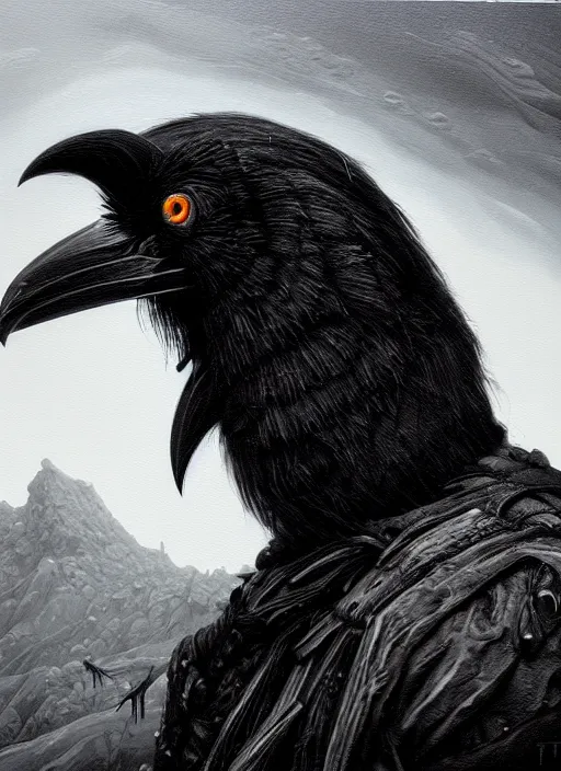 Image similar to close up portrait of a zombie crow in the mountains of hell, oil painting by tomasz jedruszek, cinematic lighting, pen and ink, intricate line, hd, 4 k, million of likes, trending on artstation