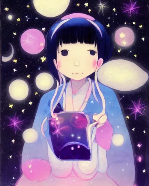 Prompt: a cute pastel night, Yukiko Sato is asleep, moon, starry, fireflies, her gorgeous luxurious black hair is lifted up as if underwater, blending into the night sky Milky Way, zero gravity hair, rule of thirds