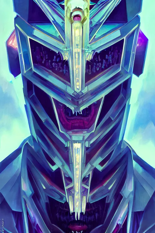 Image similar to dreamland of chinese, ghost, sharp, slender and densely arranged teeth, futuristic, expressive, dystopian, cyberpunk, mecha, halfturn portrait of a big crystal face made of crystals half - turn, ominous, intricate, studio, art by anthony macbain + greg rutkowski + alphonse mucha, concept art, 4 k, sharp focus