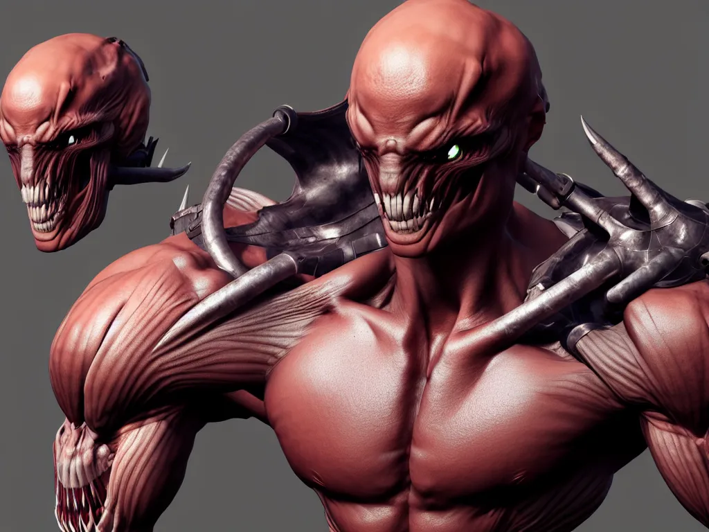 Image similar to game concept art, muscular, exoskeleton, chiroptera head, hyperrealism, fine detail, artstation, cgsociety, zbrush, no background