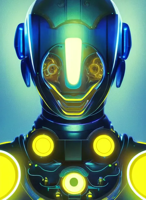 Prompt: symmetry portrait of a robot grinning, sci - fi, tech wear, blue and yellow glowing lights, intricate, elegant, highly detailed, digital painting, artstation, concept art, smooth, sharp focus, illustration, art by artgerm and greg rutkowski and alphonse mucha