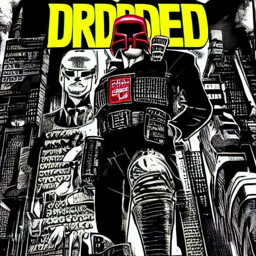 Image similar to judge dredd, megacity one police officer, crosshatch gritty cyberpunk run down city