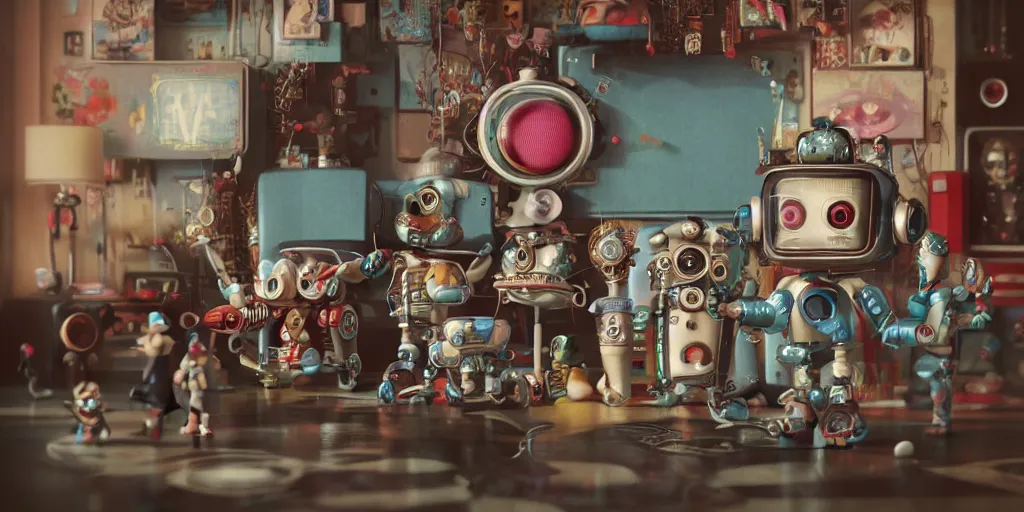 Image similar to closeup portrait of tin toy retro living room of cyberpunk robot family, depth of field, zeiss lens, detailed, centered, fashion photoshoot, by nicoletta ceccoli, mark ryden, lostfish, breathtaking, 8 k resolution, extremely detailed, beautiful, establishing shot, artistic, hyperrealistic, octane render, - h 8 0 4