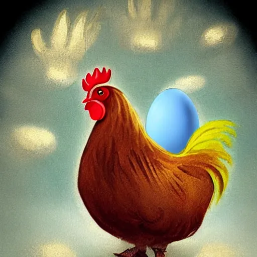 Prompt: a painted Easter egg imagining becoming a chicken imagined by a iridescent rooster imagined by a cat laying half asleep on the windowsill as a mentally ill geek girl reads the cat's thoughts of the iridescent rooster imagining a beautiful painted Easter egg imagining turning into a chicken. 16K. epically surreally epic image. 20 GPU hours spent rendering amazing detail. vivid clarity. ultra shadowing. graphic novel page.