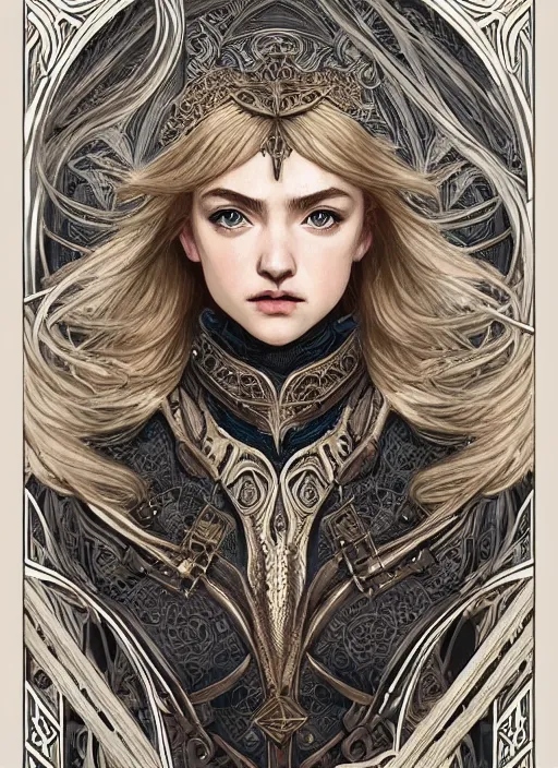 Image similar to symmetrical centered portrait, Imogen Poots as a D&D paladin, blonde hair, intricate metal armour, Art Nouveau, beautiful retro Fantasy heroine 1985, intricate, elegant, highly detailed, centered, digital painting, trending on artstation, concept art, smooth, sharp focus, illustration, art by raphael lacoste, eddie mendoza, Mucha, alex ross, WLOP