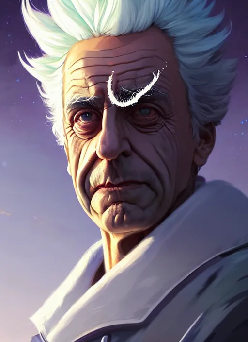 Image similar to rick sanchez portrait wearing a white lab coat. highly detailed. digital painting. smooth. alien planet background. art by greg rutkowski