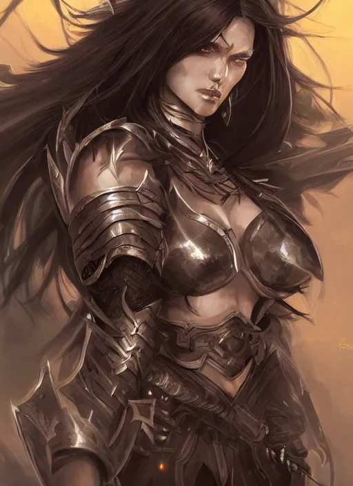 Image similar to beautiful warrior lady, black long hair, practical armor, brown skin, demonic eyes, low fantasy, extremely detailed, sharp focus, smooth, digital illustration, by rossdraws, frank franzzeta, sakimichan