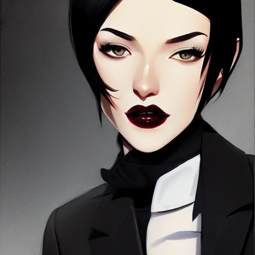 Image similar to slim cruel business girl in tuxedo with black bob hair, elegant, 2d, ultra highly detailed, digital painting, smooth, sharp focus, artstation, art by Ilya Kuvshinov