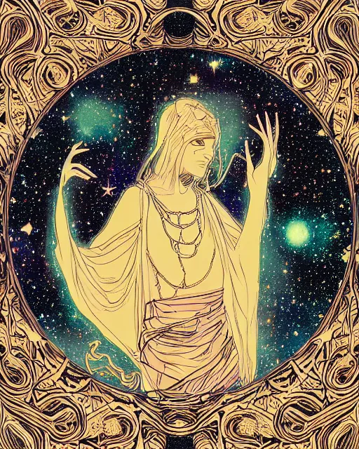 Prompt: a portrait of a galaxy as an androgynous druid spirit wearing a necklace of moons and stars, draped in transparent cloth, flat colors, occult, minimal, swirly, in the style of warwick goble, decorative art deco border, astrophotography, vast cosmos, digital illustration overlayed on photography, trending on artstation