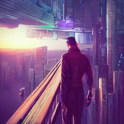 Image similar to a man standing on top of a bridge over a city, cyberpunk art by vincent lefevre, behance contest winner, altermodern, cityscape, synthwave, matte painting