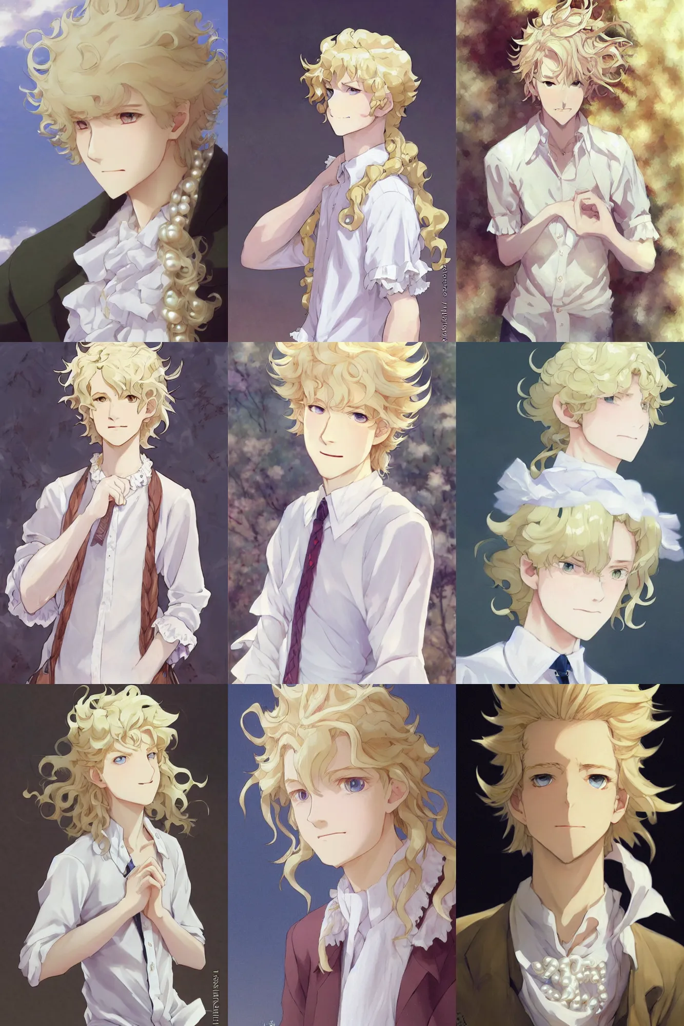 Prompt: Close-up a pale blond prince wearing a poet shirt with many frills and pearls, by krenz cushart and makoto shinkai. Long curly light blond hair. Very very very pale white skin and golden blond hair. Accurately shaped. A very clean image.