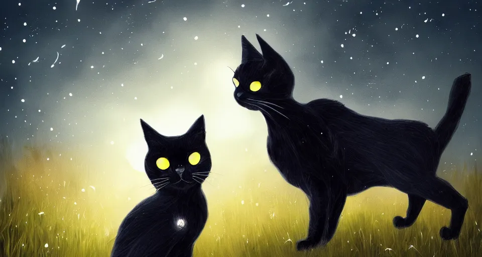 Image similar to black cat with glowing eyes walking around in a dark open field at midnight with fireflies in the air and lots of stars in the sky, digital painting, highly detailed, magical, trending on artstation