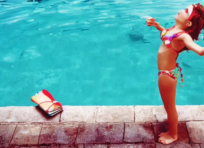 Prompt: color photo of a bikini girl swiming in a pool in the 8 0's